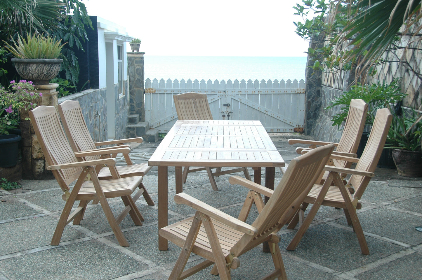Anderson Teak Bahama Katana 7-Piece Dining Set with Linen Antique Beige Cushions
