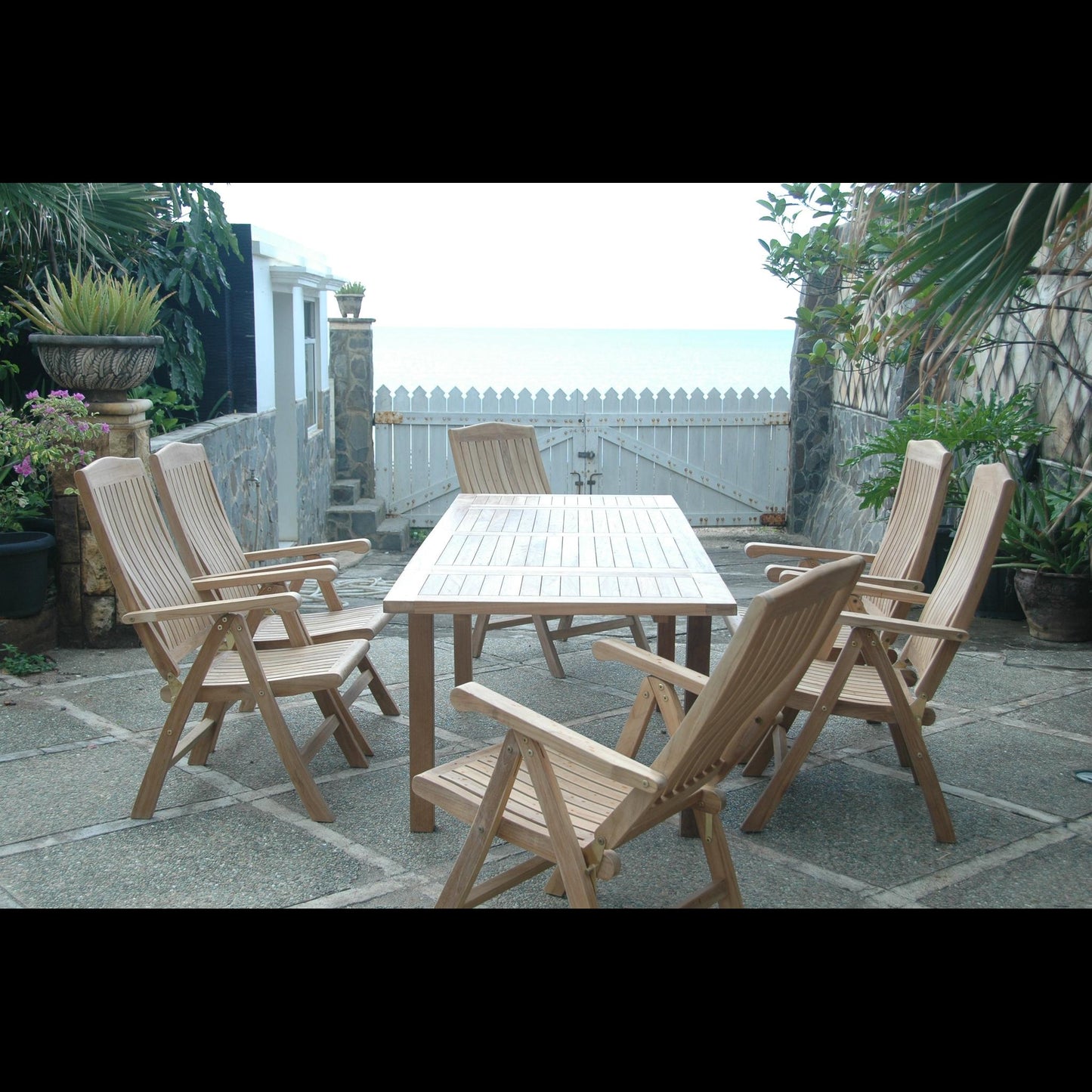 Anderson Teak Bahama Katana 7-Piece Dining Set with Linen Antique Beige Cushions