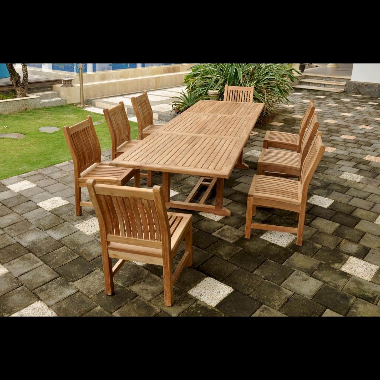 Anderson Teak Bahama Sahara 9-Piece 10' Rectangular Dining Set with Linen Antique Beige Cushions