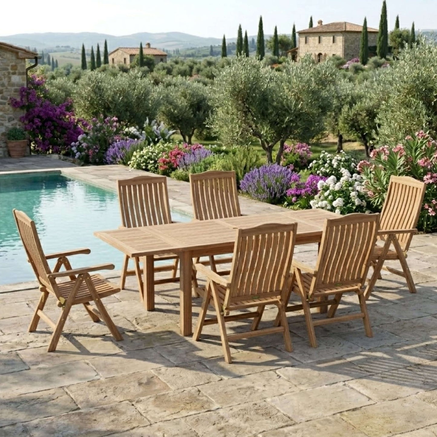 Anderson Teak Bahama Katana 7-Piece Dining Set with Linen Antique Beige Cushions