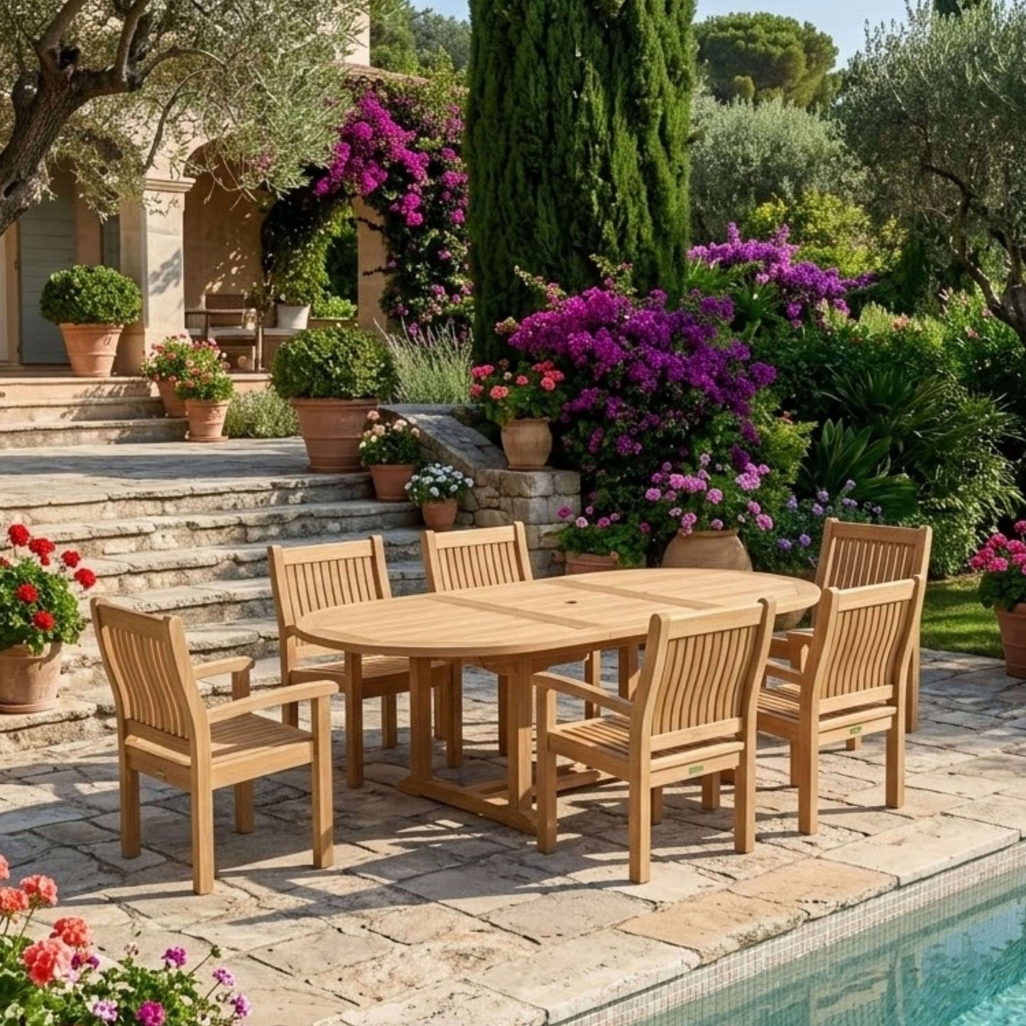 Anderson Teak Bahama Sahara 7-Piece 87" Oval Dining Set with Linen Antique Beige Cushions