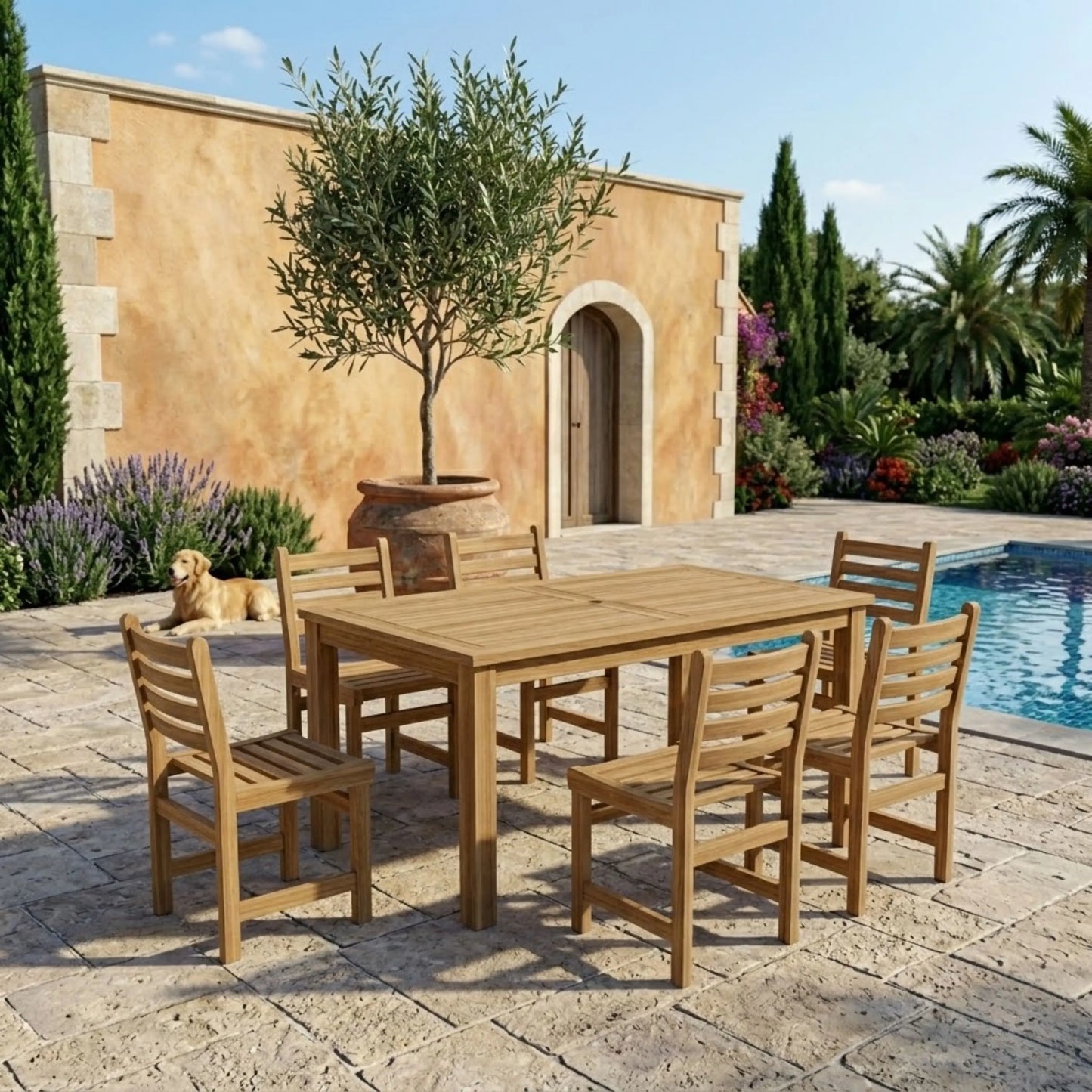 Anderson Teak Montage Windham 7-Piece Dining Set with Linen Antique Beige Cushions