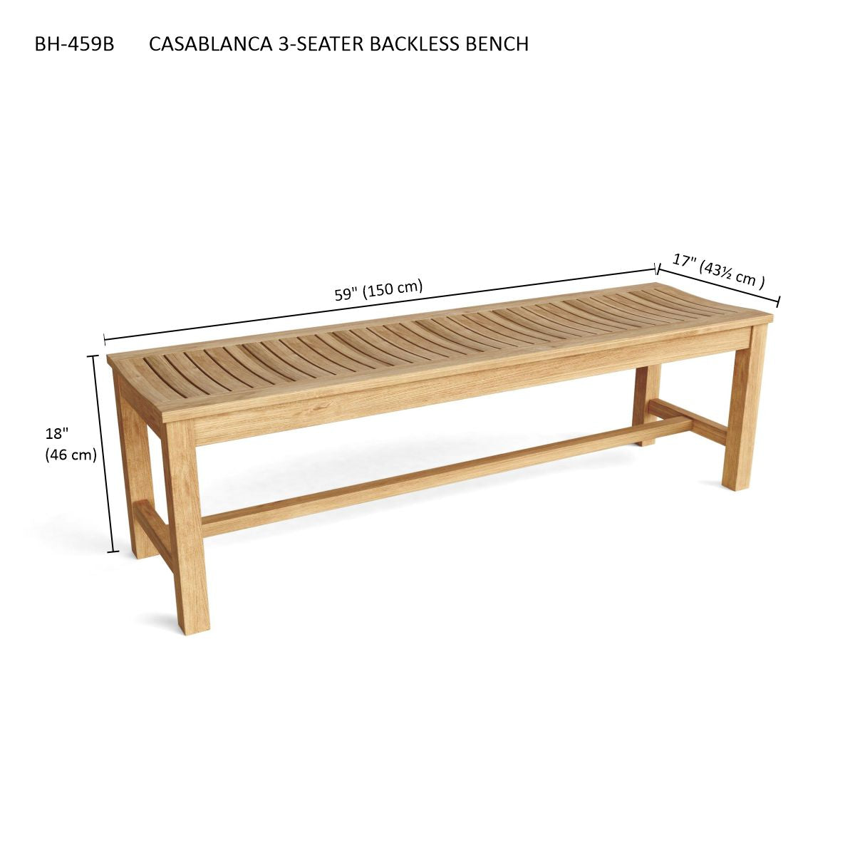 Anderson Teak Casablanca 3-Seater Backless Bench with Canvas Natural Cushion