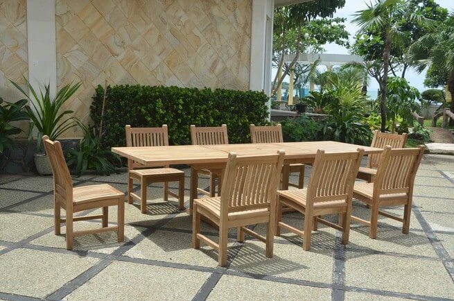 Anderson Teak Bahama Sahara 9-Piece 10' Rectangular Dining Set with Linen Antique Beige Cushions